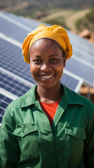 proud african woman posing in front of solar panels tha t deliver power for farming, education and f