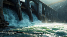 Artistic Depiction Of Energy Transfer In Hydroelectric Dam, AI Generated