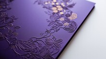 A Detailed Shot Of A Purple Invitation Card Isolated On A Clean White Surface, The HD Image Presenting Its Regal Color And Beautifully Designed Patterns.