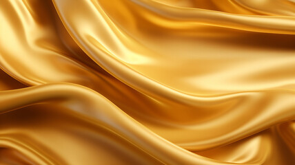 Wall Mural - Golden silk, yellow and gold silky fabric, satin cloth, close-up picture of a piece of cloth, waves of fabric, fashion, luxury fabric, background texture, fabric texture,