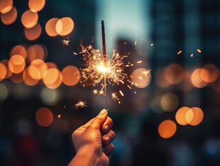 Hand holding a lit Sparkler exploding against a dark bokeh backdrop in the night, a celebration event party with a vintage and dark tone.