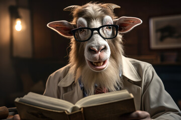 Sticker - A goat wearing glasses and reading a 