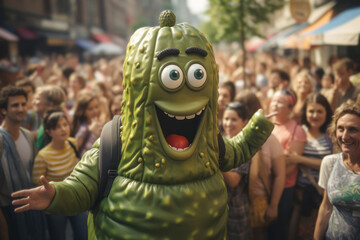 Sticker - A person in a pickle costume, navigating through a city crowd and turning heads with pickle-themed humor. Generative Ai.