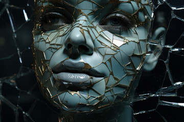 Wall Mural - a shattered mirror reflecting distorted fragments of a sinister smile, embodying the psychological f