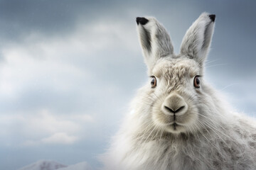 Mountain Hare close-up portrait in an outdoor natural environment.