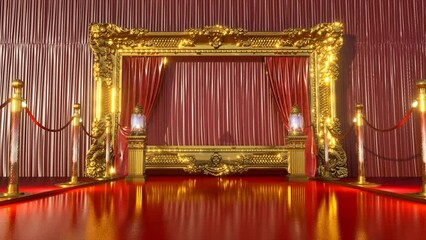 Wall Mural - 3D animation of red carpet leading to a golden frame border with gold barrieres