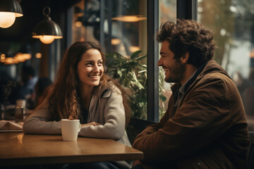 Poster - A cozy coffee shop scene with two individuals engrossed in conversation, the warmth of connection palpable in the air. Concept of caffeinated camaraderie. Generative Ai.