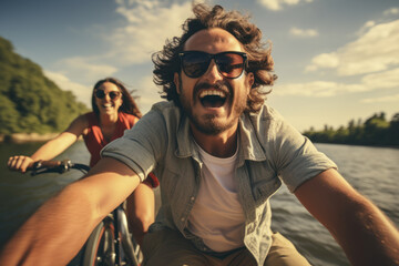 Wall Mural - A tandem bike ride through a scenic route, encapsulating the synchronicity and teamwork inherent in a harmonious relationship. Concept of shared journeys. Generative Ai.