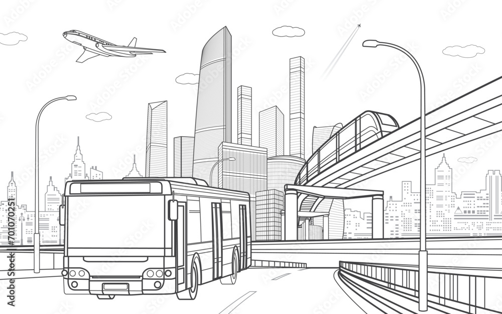 Outline city illustration. Bus moving on highway. Railroad bridge. Car ...