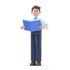 3D illustration of Asian man Felix with book. learning concept.3D rendering on white background.
