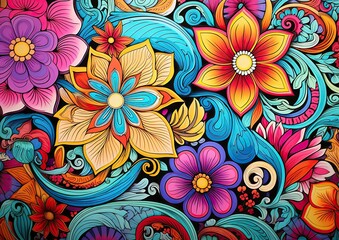 Wall Mural - Colorful Traditional Floral Pattern - Vibrant Mexican Folk Art Design for Textile and Wallpaper Inspiration