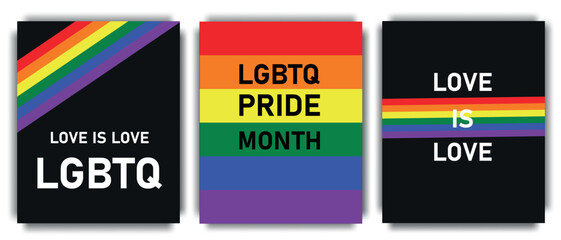 Set of abstract posters with rainbow and LGBT symbol. Minimalist background. Samples of pride. Vector illustration.