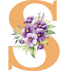 Wall Mural - Floral alphabet, gold letter e with watercolor violet flowers and leaf. Botanical monogram initials are perfect for wedding invitations, greeting cards, and others. Holiday design hand painting