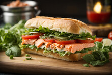 Fresh Healthy Salmon Sandwich With Lettuce And Cucumber On Vintage Chopping Board On Black Stone Background. Breakfast Snack. Fresh Tomatoes, Dill And Lemon. AI Generative