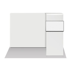 Wall Mural - Portable exhibition tension fabric display with TV stand vector mock-up. Blank white tradeshow kit with video digital LCD monitor mockup. Template for design