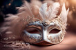 Colorful carnival celebration with a close-up eye mask and Venetian mask, gold, and silver carnival mask with the feather, close-up of a Venetian masque for a carnival celebration