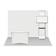Trade show portable booth display kit vector mock-up. Expo set. Tradeshow tension fabric backdrop banner, TV stand with shelf, exhibition table counter mockup