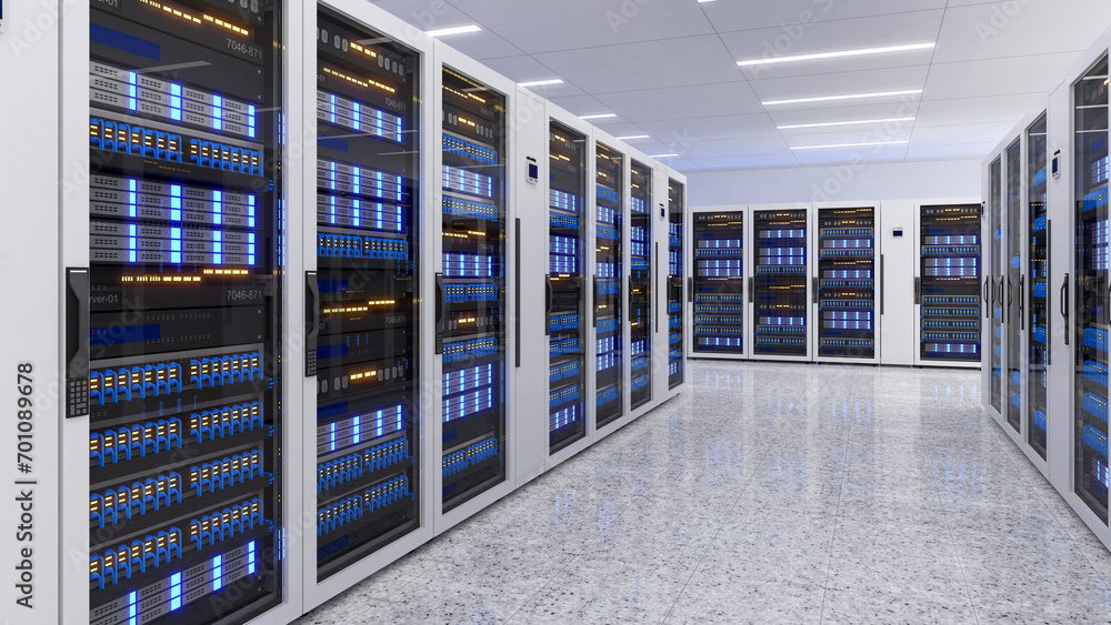 Telcom Data Storage Shot of Data Center With Multiple Rows of Fully Operational Server ...