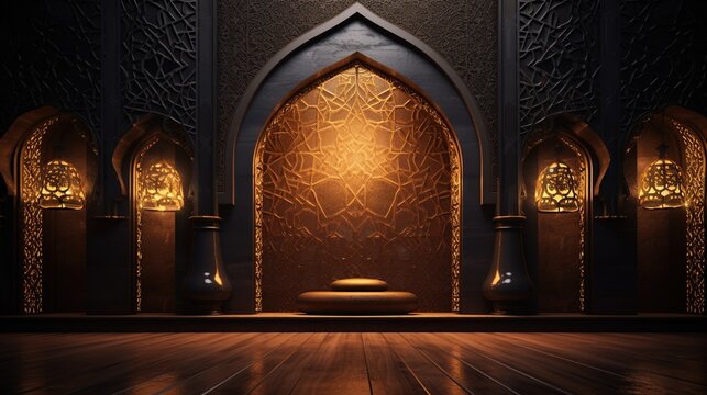 Interior of Mosque, Concept of Ramadan Kareem, Islamic Background, Generative Ai