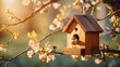 Small birdhouse on a blooming tree in spring. Spring background