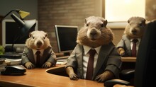 Businessman In Office With Three Otters On His Head, Closeup