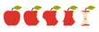 Bitten apple set, sequence game animation of eaten fruit. Stages of biting red ripe apple with green leaf from whole to half and core, bite progression cartoon animated collection, vector illustration