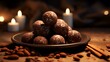 Chocolate truffles with almonds and cinnamon on a dark background