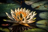 Fototapeta Łazienka - In the heart of an enchanting botanical garden, a water lily gracefully unfolds its pristine petals, illuminated by the soft radiance of a hidden light source. 

