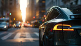 Fototapeta  - Electric car concept on city street with blurred bokeh flare background