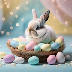 Easter Day - Cute Easter Bunny with Colorful Easter Eggs - Background with Space for Copy