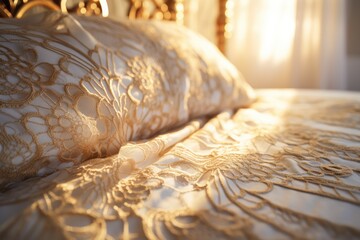 Wall Mural - The bedding and white bed linen are embroidered with gold threads in beautiful patterns. Lace headboard in gilded metal.