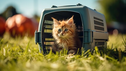 Wall Mural - A beautiful fluffy young cat sits in a carrier against a background of green grass on a summer day.