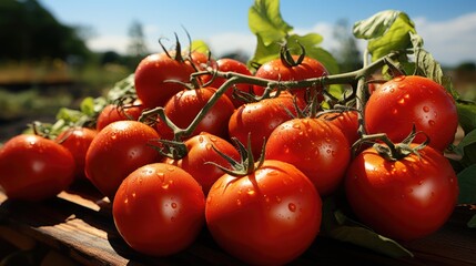 Wall Mural - Large red delicious tomatoes against a background of green fields. The theme of a good harvest and proper nutrition.