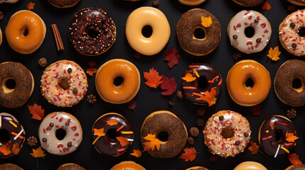 Assorted donuts. Set of many sweet buns with chocolate frosting, Tofee glazing, sprinkles or powdered sugar. Cocoa various decorated doughnuts.