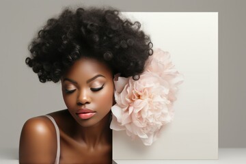 Wall Mural - Serene Beauty: Black Woman with Lush Curls and a Giant Peony
