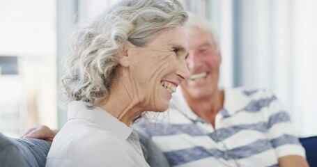 Canvas Print - Happy, laugh and senior couple on a sofa relax, bonding and having fun at home together. Love, humor and old man in a living room with wife for conversation, joke or funny discussion in retirement