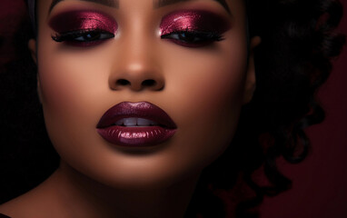 Closeup black woman portrait with burgundy red makeup. Burgundy lip gloss and eye shadow. Beautiful black woman with professional makeup closeup