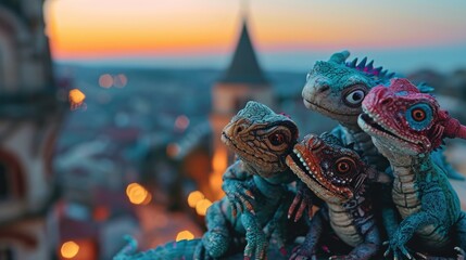 Wall Mural - Statues of dinosaurs on the background of the city at sunset