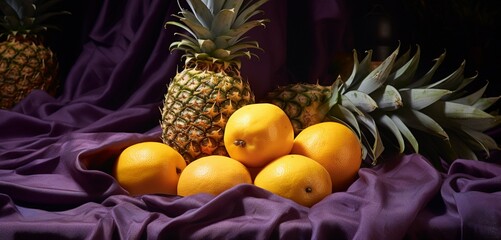  A natural setup of yellow pineapples and dark purple plums on a pastel periwinkle cloth, capturing their textures and hues