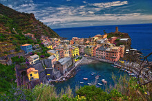 Cinque Terre Views From Hiking Trails Of Seaside Villages On The Italian Riviera Coastline. Liguria, Italy, Europe. 2023 Summer. 