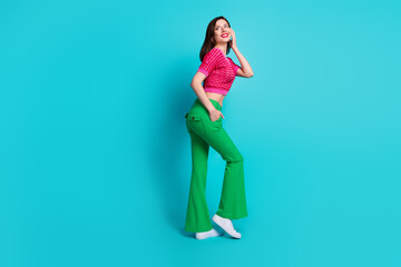 Poster - Full length photo of curious lady feel interesting empty space fashionable boutique offer isolated blue color background