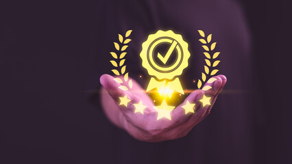 Poster - Male hand showing the best quality guarantee with five stars. Testimonial, Assurance, Standards, ISO Certification, Review, Feedback and Certification Concept. Assessment quality of business service.