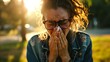 A woman with glasses blows her nose because of the flu.