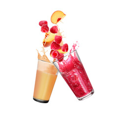 Fresh fruit juices splashing from glasses on white background