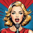 Attractive Blonde Singer With A Microphone, Retro Pop Art Style