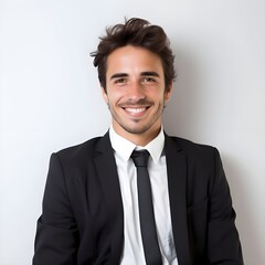 Portrait of smiley business europe man with white wall background