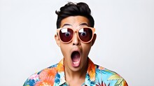Photo Close Up Portrait Of Asian Man Looking Surprised Wow Face Takes Off Sunglasses And Staring Impressed Camera Standing White Background