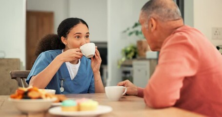 Poster - Caregiver, elderly man and coffee with breakfast conversation, advice and happy for listening in nursing home. Nurse, senior person and relax with smile, drink or tea cup for talking in retirement