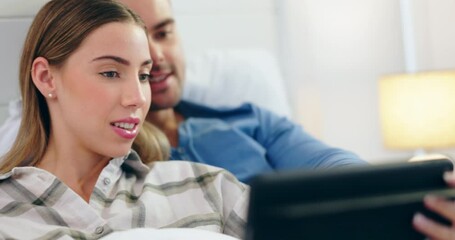 Poster - Happy couple, hug and relax in bed with tablet for social media, streaming or watching film in their home. Love, smile and man with woman online for internet, search or checking app in their bedroom