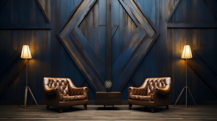 Wall Mural - Two leather chairs - barnwood background - lamps - cabin - rustic - design and decor - living room